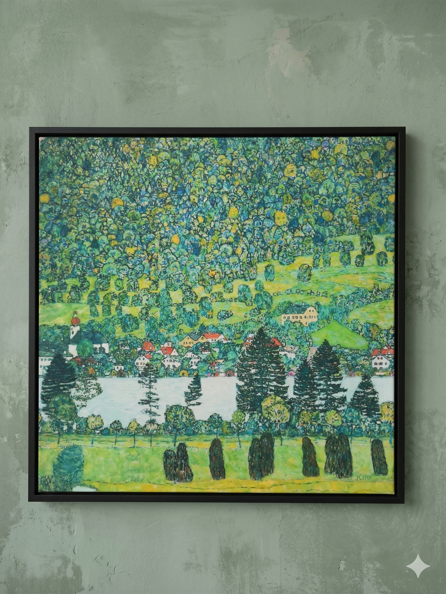 Gustav Klimt Inspired 'Mountain Lake Panorama' Canvas Art - 40x40cm