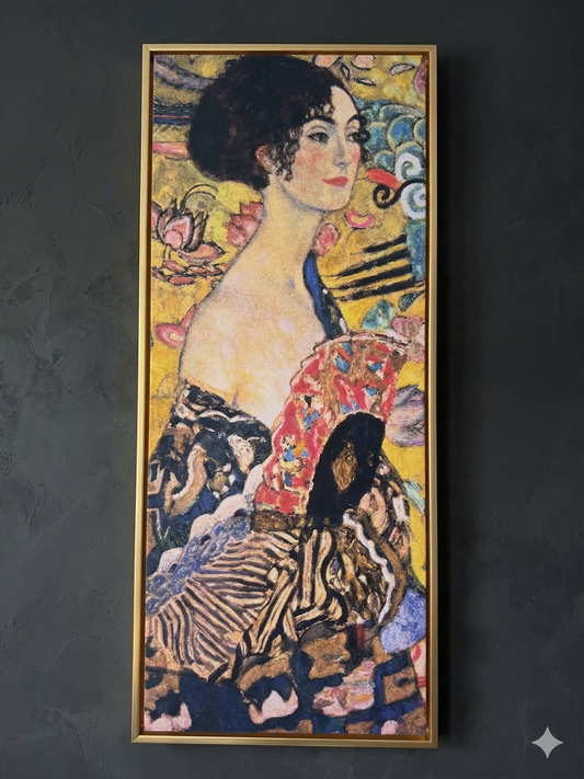 Gustav Klimt Inspired 'Serenity with a Fan' Canvas Art - 30x70cm Vertical Painting